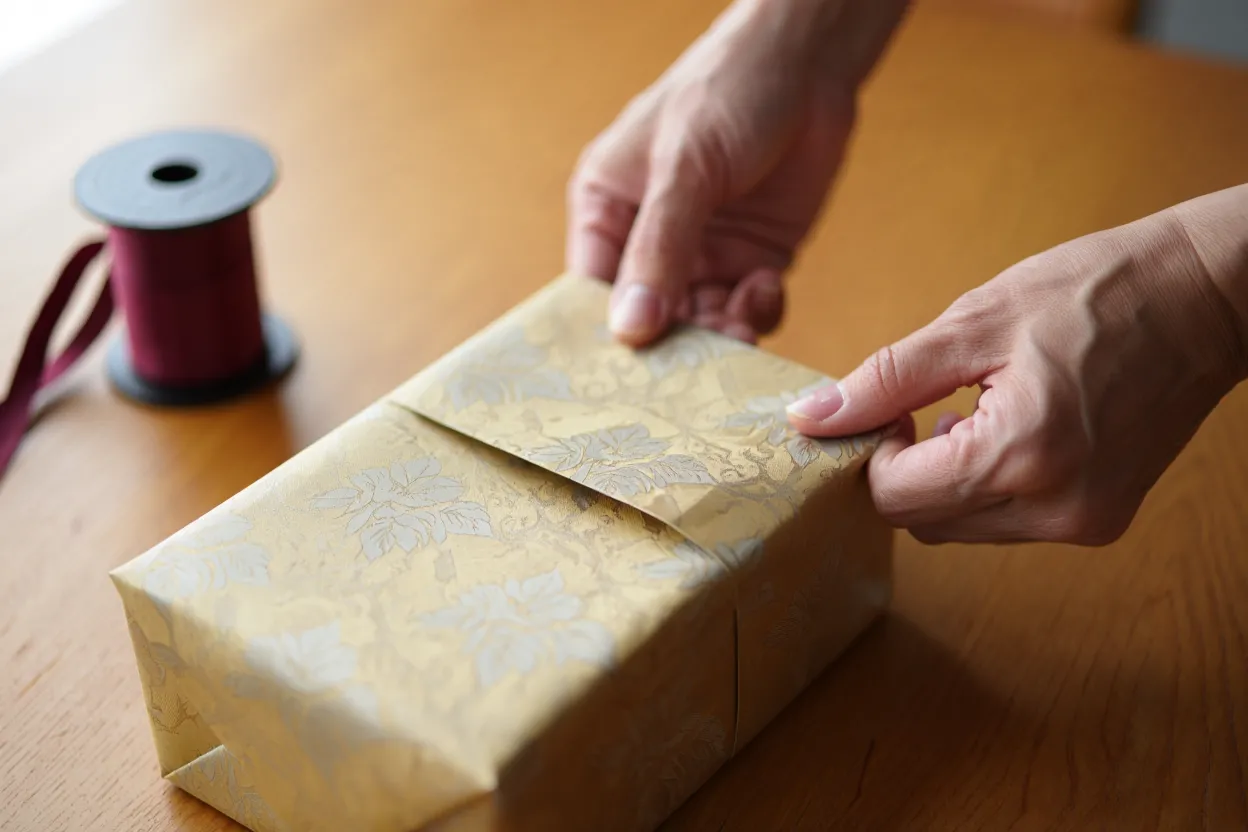 Hands carefully wrapping a gift with decorative paper