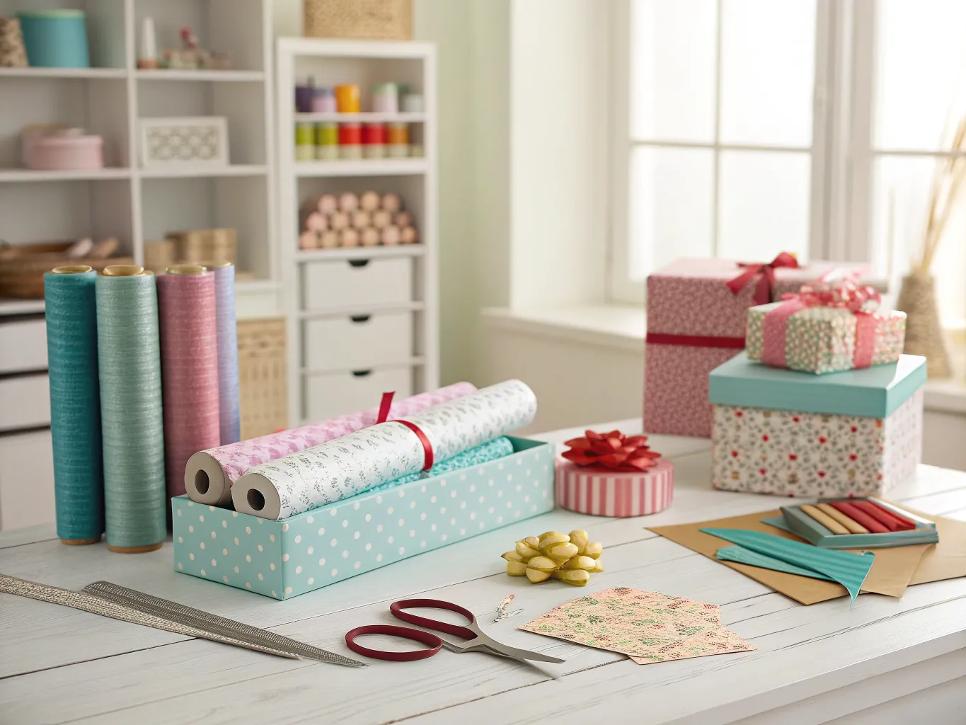 Elegant gift wrapping workspace with materials