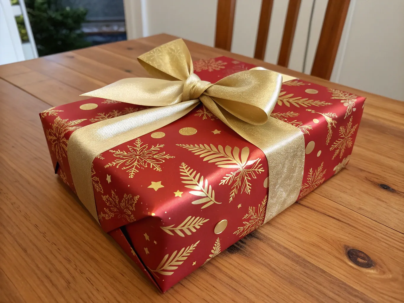 Classic red and gold wrapped gift with satin ribbon