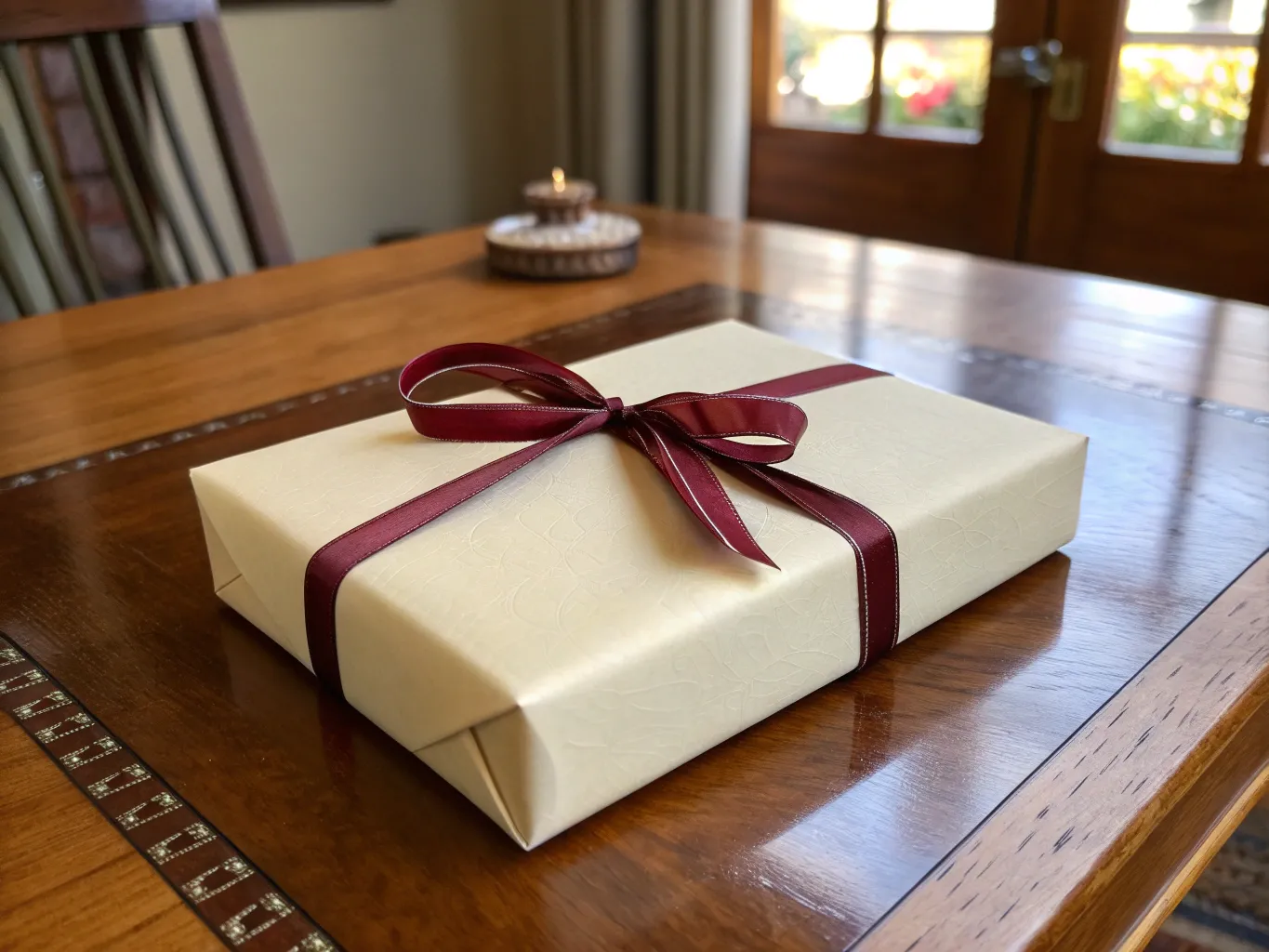 Ivory wrapped gift with burgundy ribbon