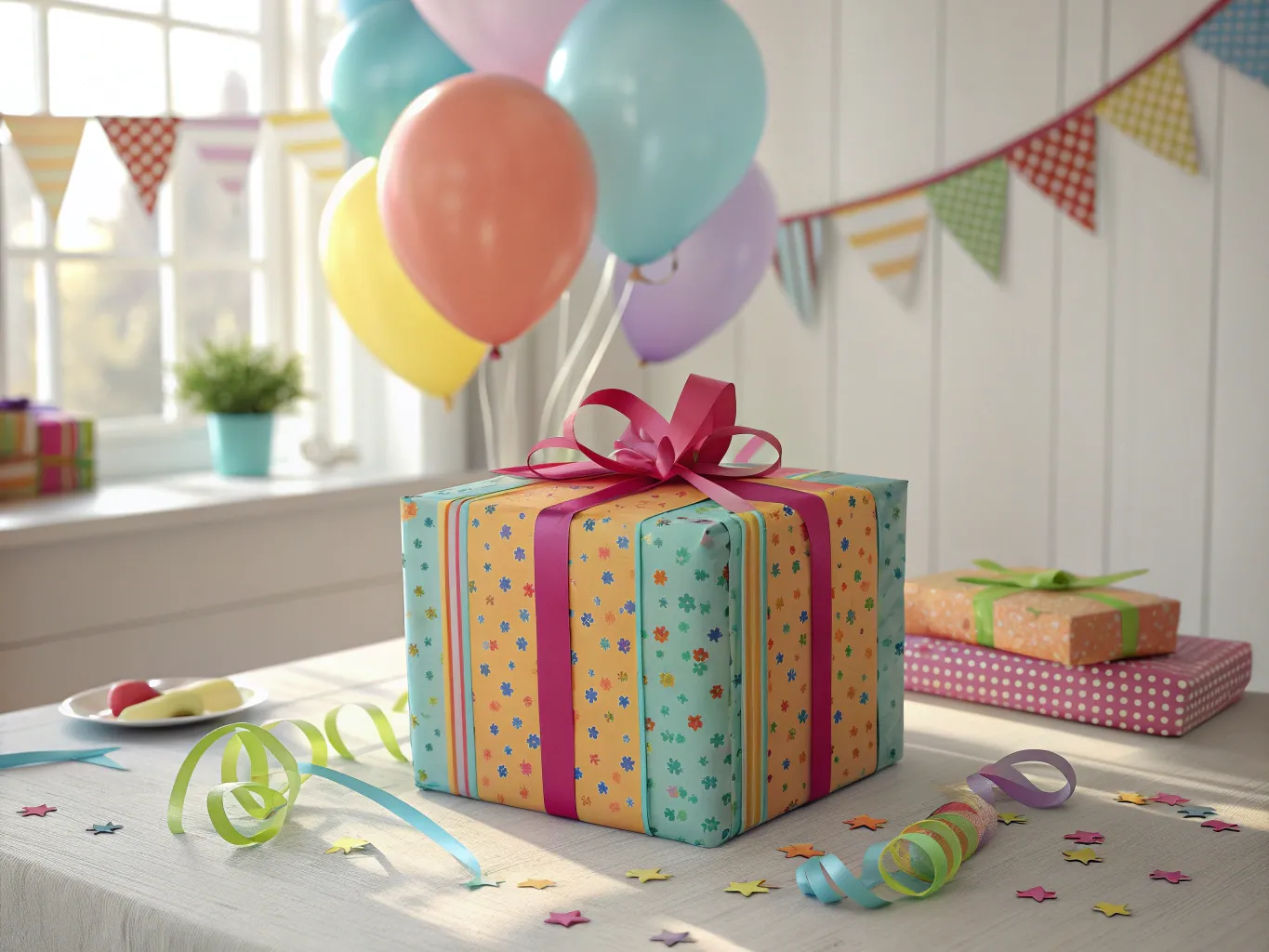 Colorful birthday gift with multiple ribbons and decorations